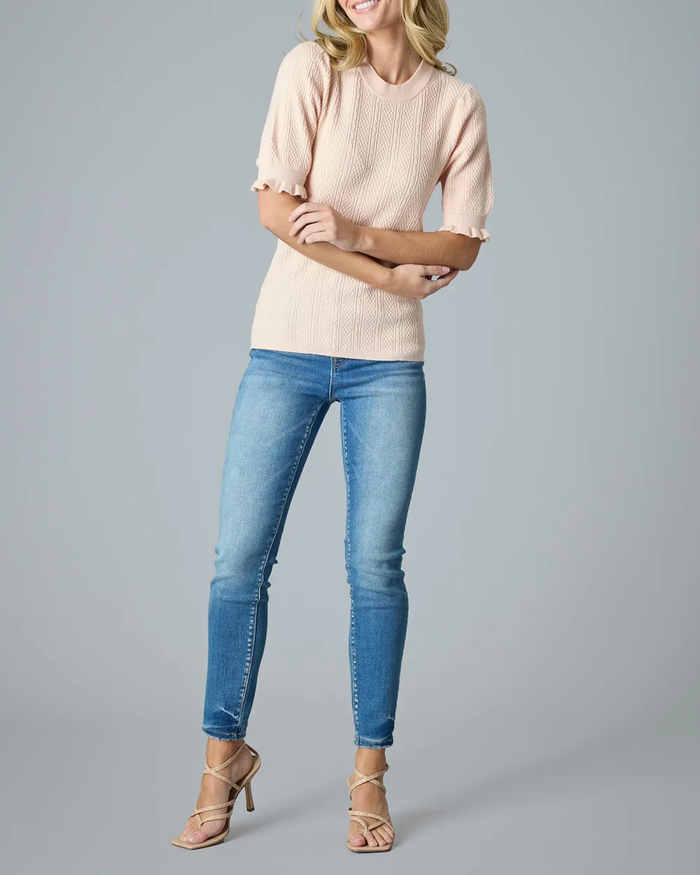 Pale Dogwood Ruffled Short Sleeves Sweater