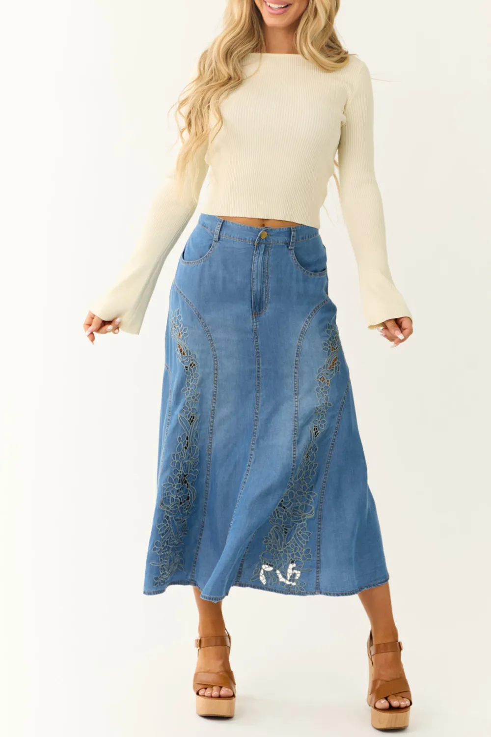 Medium Wash Denim Floral Embroidered Maxi Skirt