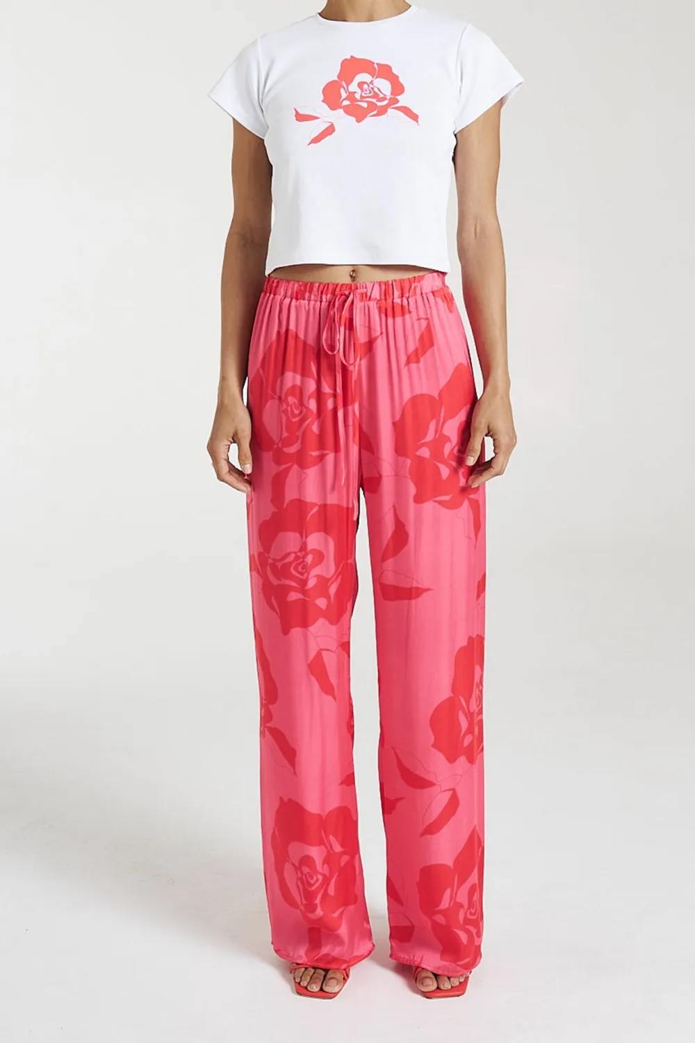 Pink Rose Print Soft Straight  Pants