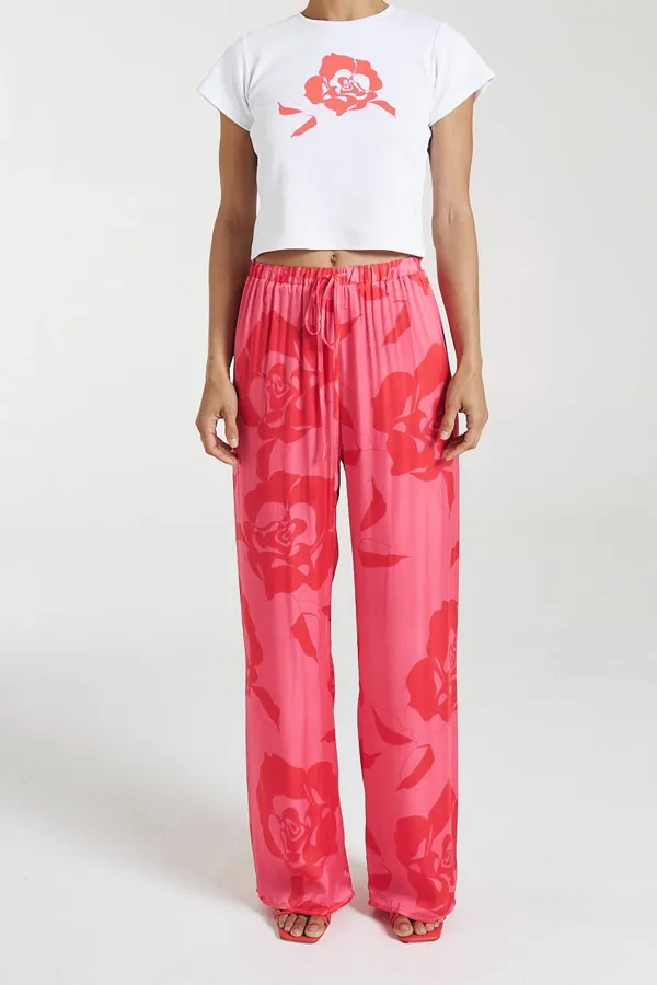 Pink Rose Print Soft Straight  Pants