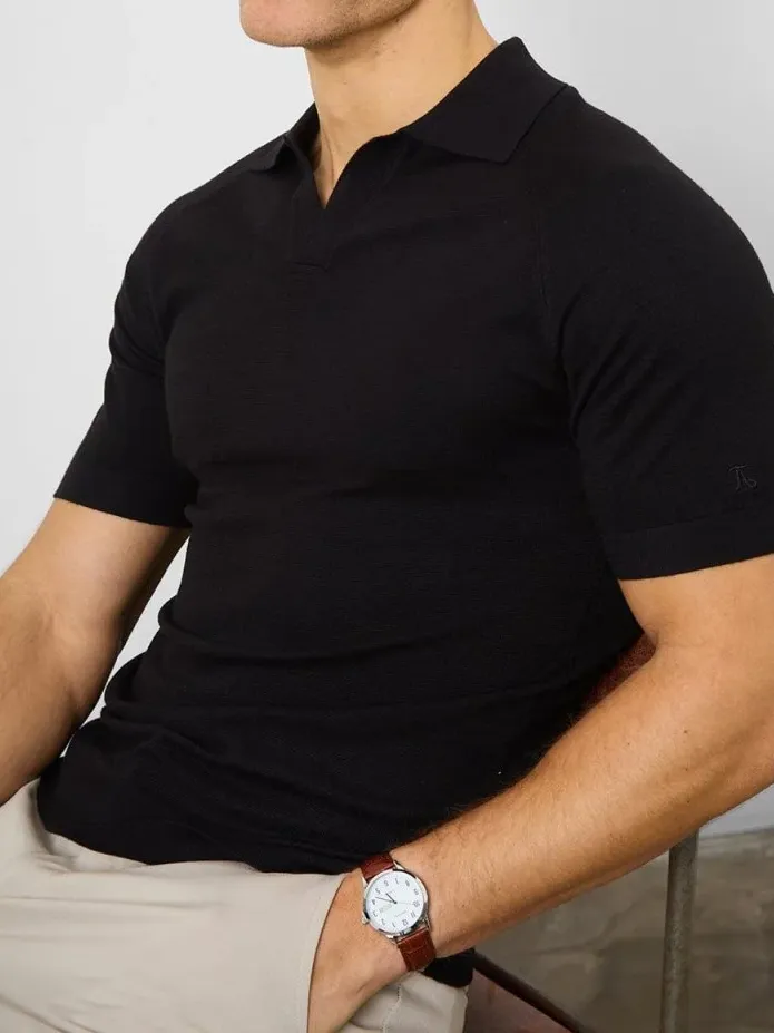 Black Soft Simple Open Polo Shirt