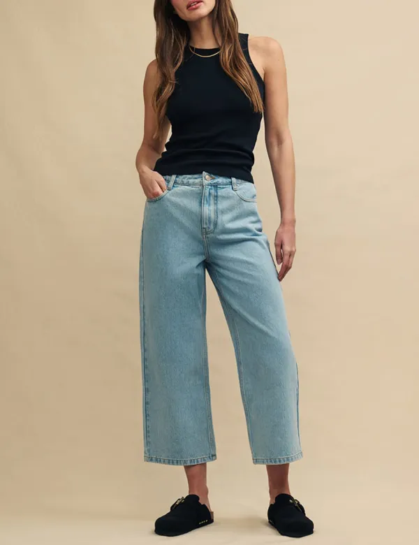 Blue Light Wash Cropped High Rise Wide Leg Jeans