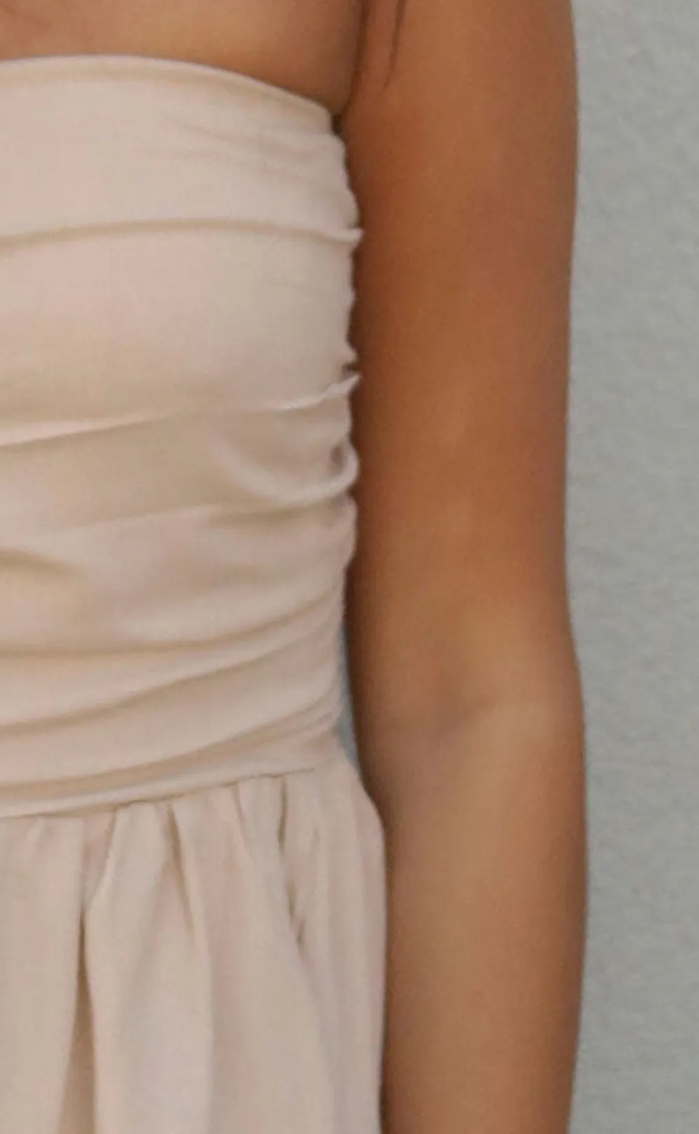 Beige Strapless Ruched Mini Dress