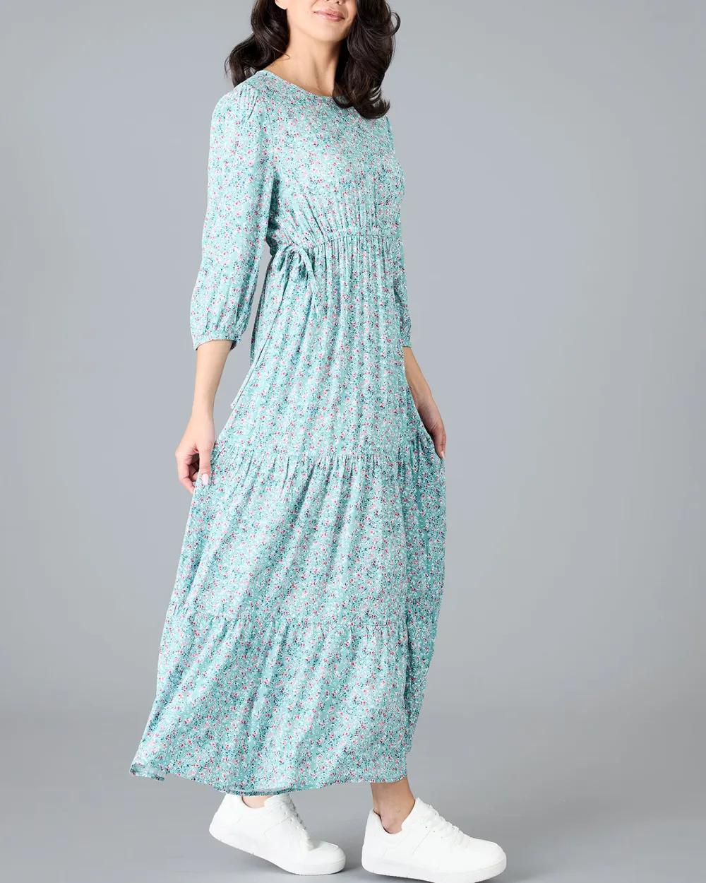 Blue Floral Print Tiered Maxi Dress