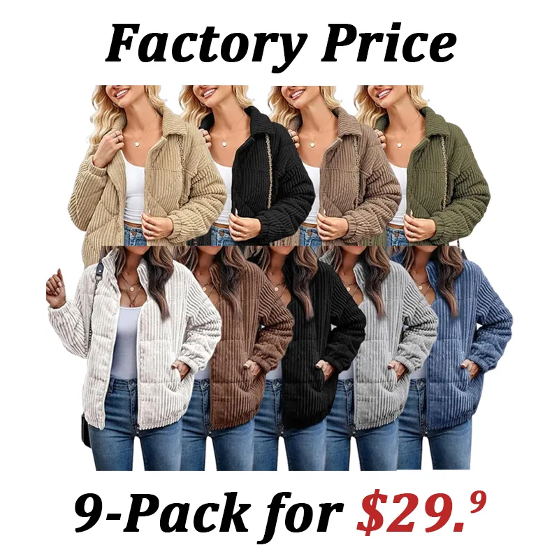 Women's Bomber Jacket Corduroy Ribbed Quilted Zip Up Long Sleeve Winter Coat