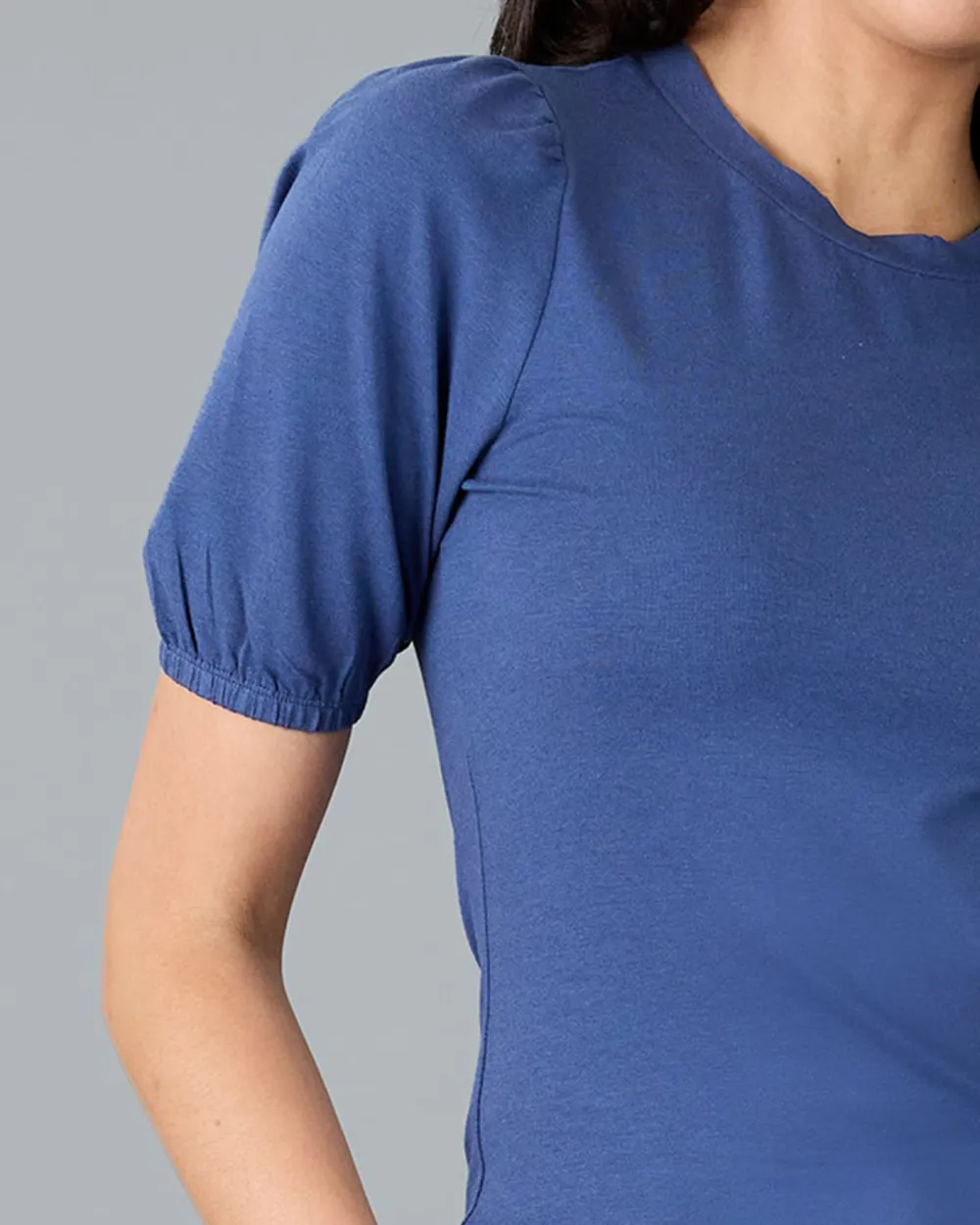 Fashionable Indigo Puff Sleeve Casual Blouse