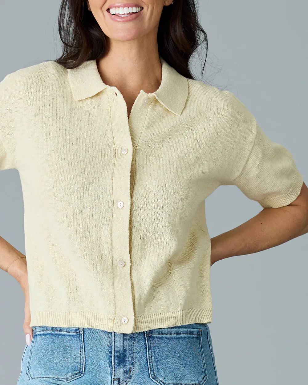 Short Sleeve Knit Button Up Top