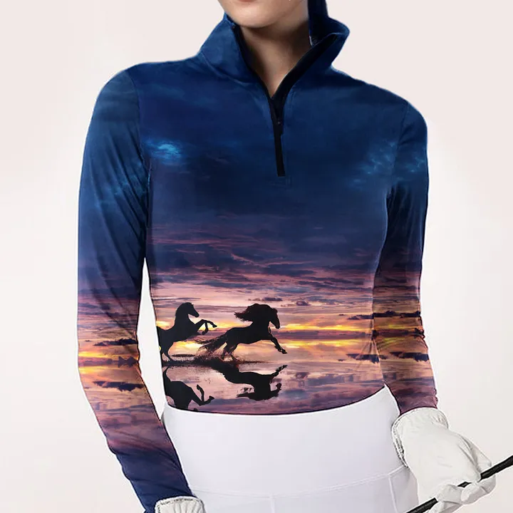 Women's Equestrian Style Horse Print Long Sleeve Casual Shirt