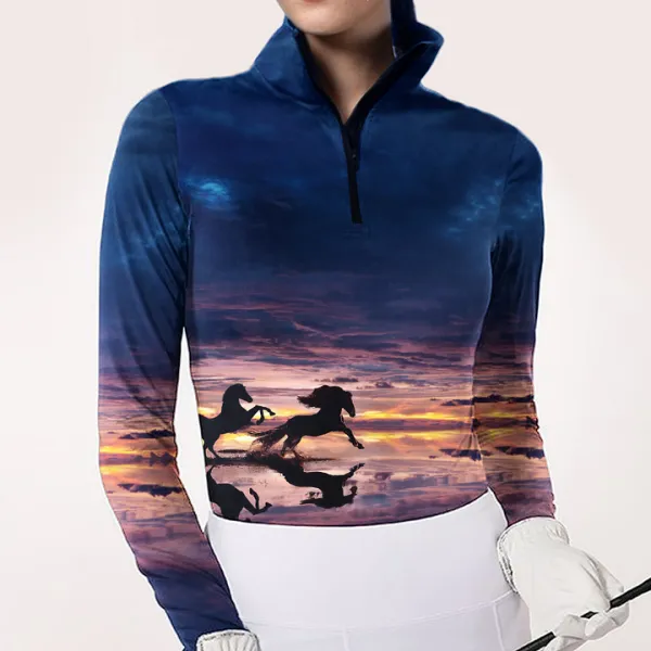 Women's Equestrian Style Horse Print Long Sleeve Casual Shirt