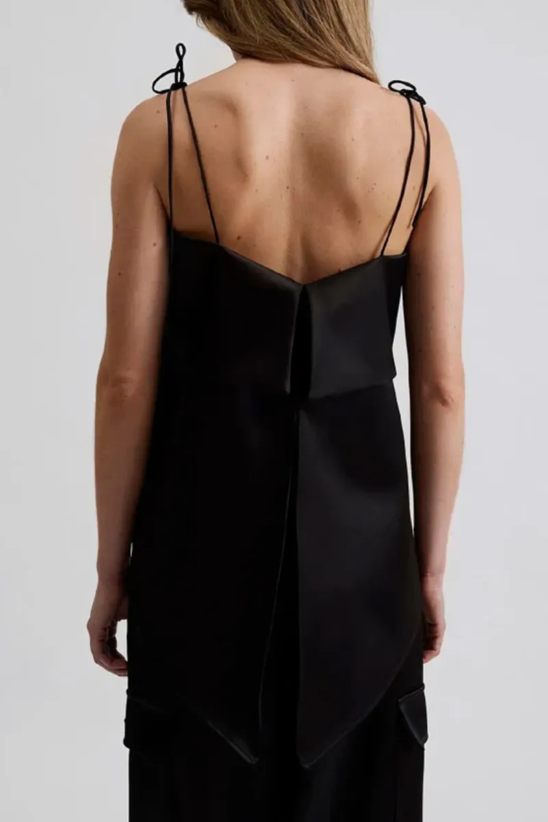 Black Strappy Backless Satin Tops