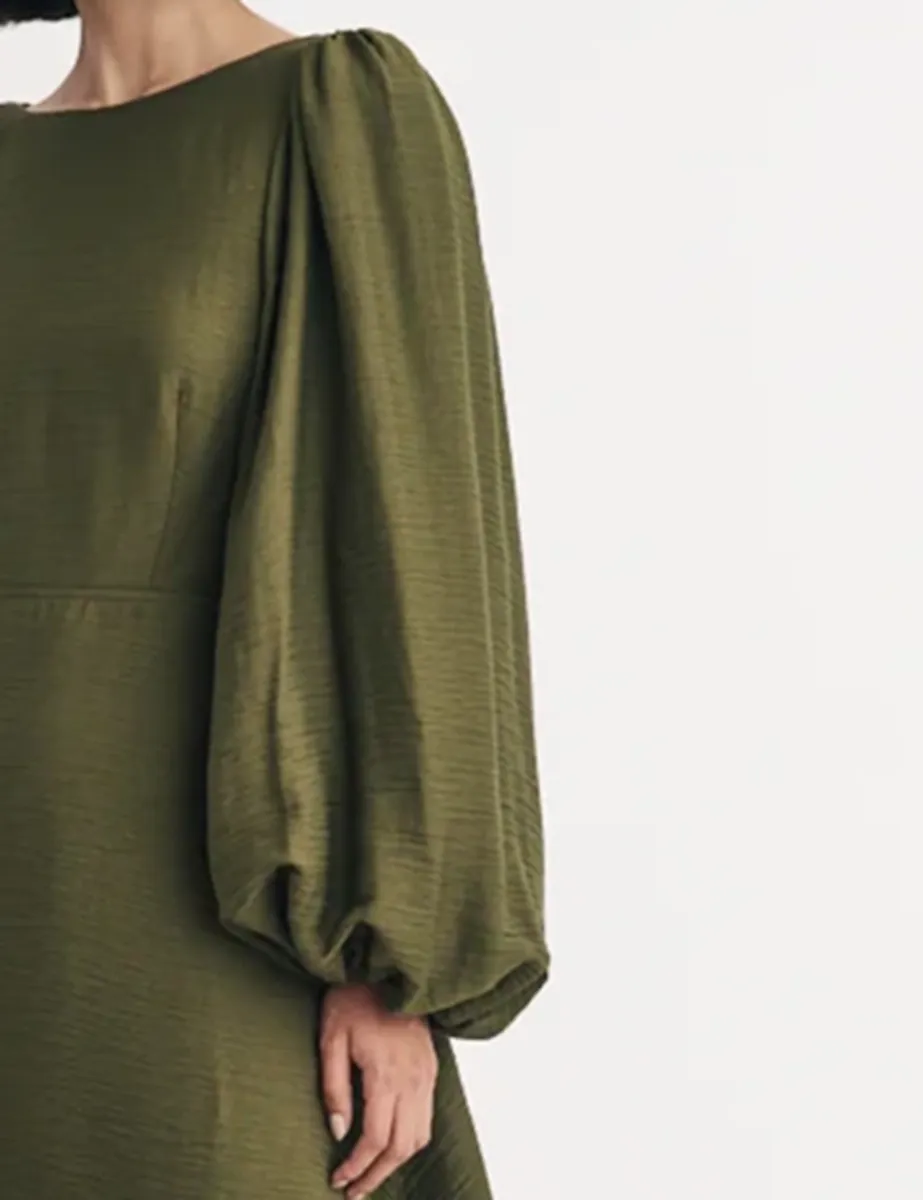 Olive Green Linen-blend Long Sleeve Shift Mini Dress