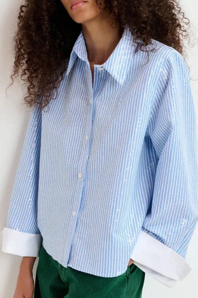 Blue Striped Button Down Long Sleeve Shirts