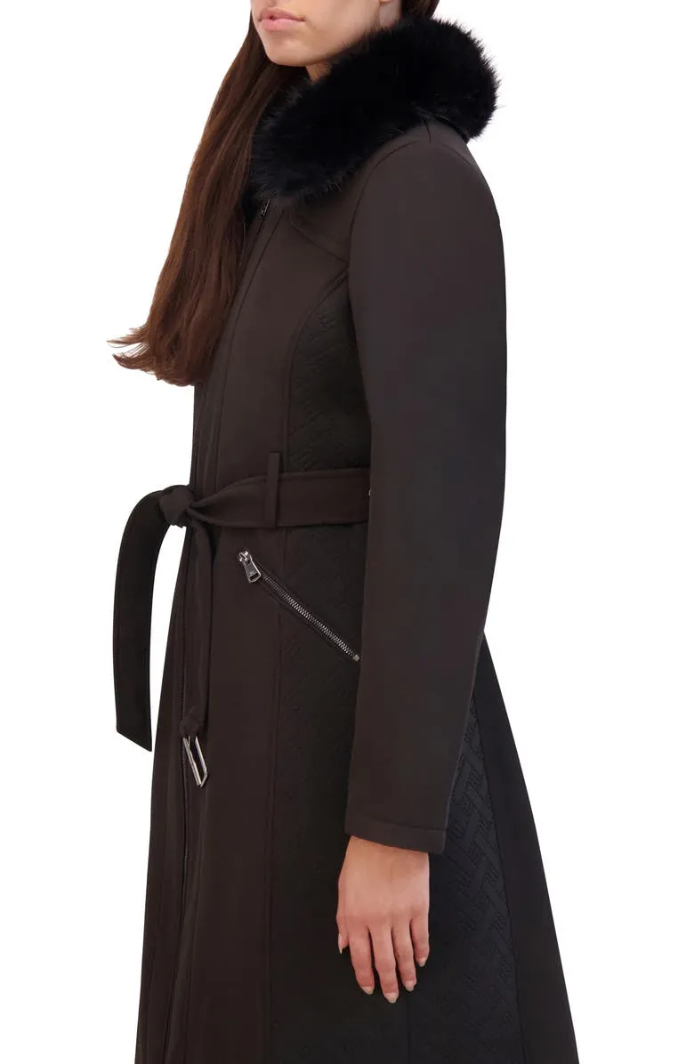 Belted Softshell Longline Coat with Faux Fur Trim