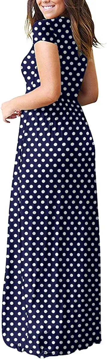 Women's Short Sleeve Loose Plain Maxi Dresses Casual Long Dresses with Pockets