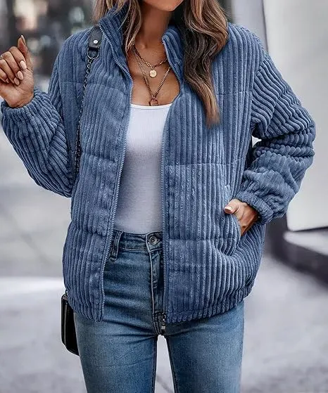 Women's Bomber Jacket Corduroy Ribbed Quilted Zip Up Long Sleeve Winter Coat
