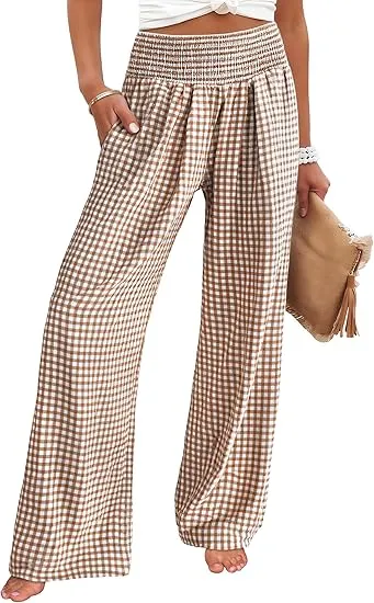Women's High Waisted Plaid Wide Leg Pants - Lounge Pajama with Pockets