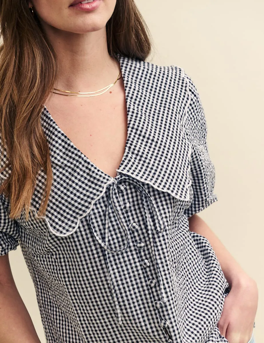 Black Gingham Pan Collar Short Sleeve Blouse