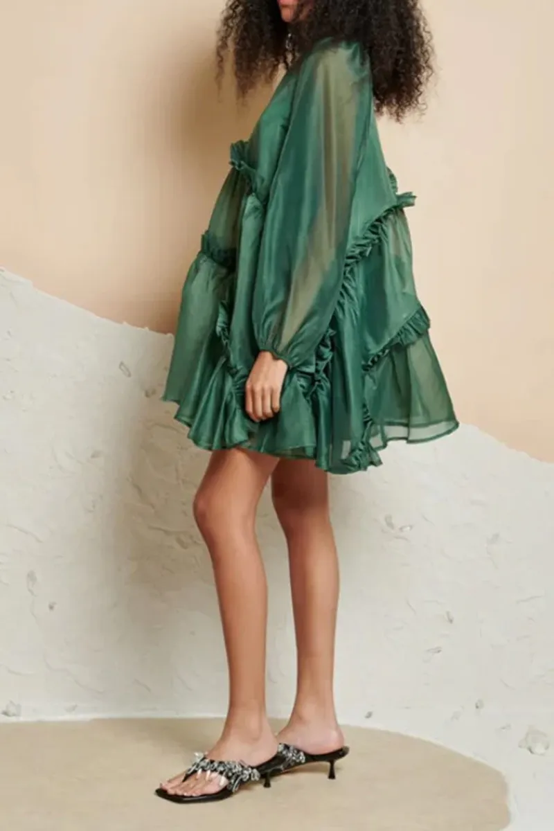 Green Ruffled Organza Mini Dresses