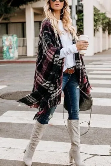 🎁Christmas Gifts🎁Women's Warm Plaid Poncho - Boho Open Front Shawl Wrap with Tassel