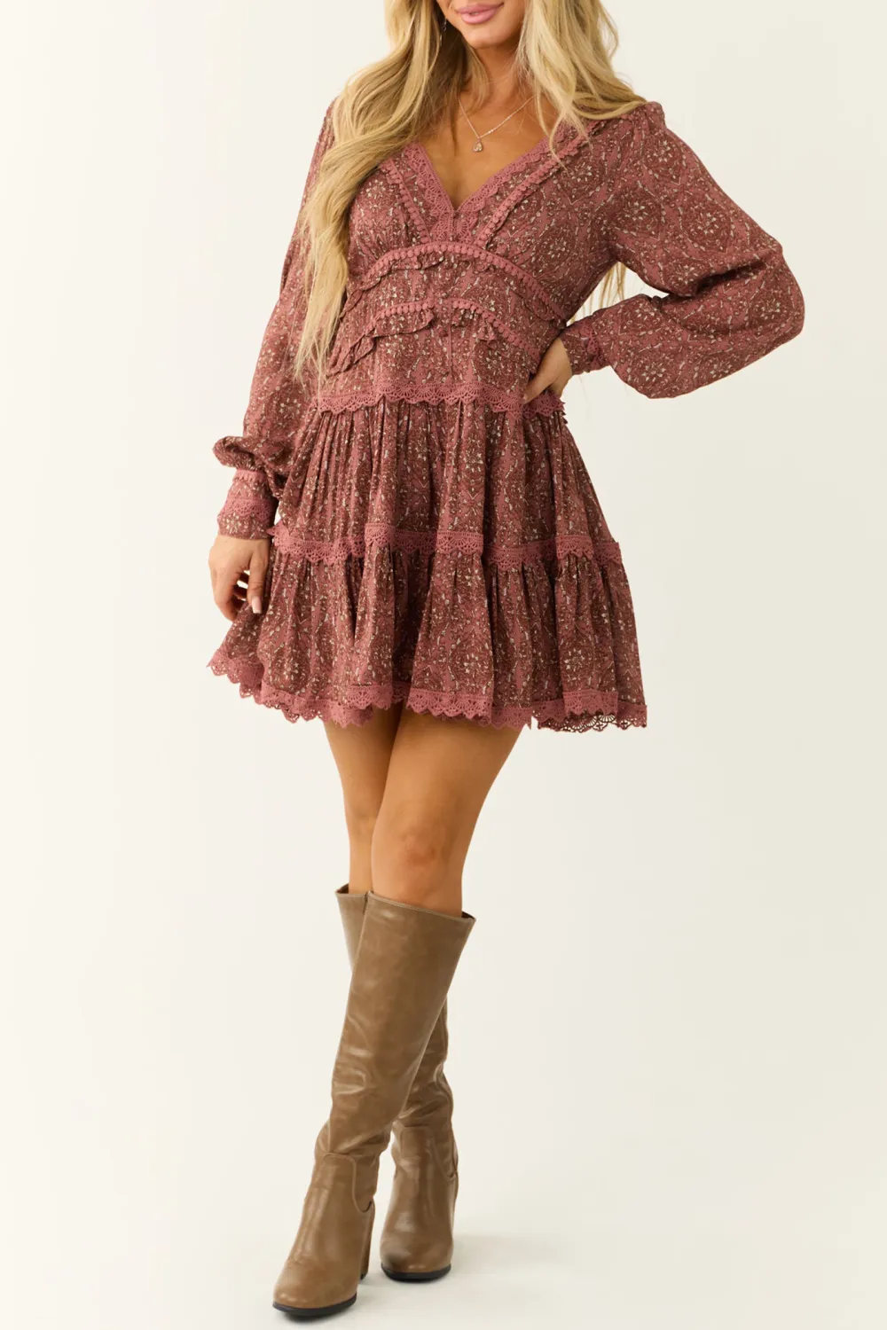 Print Lace Trim Mini Dress