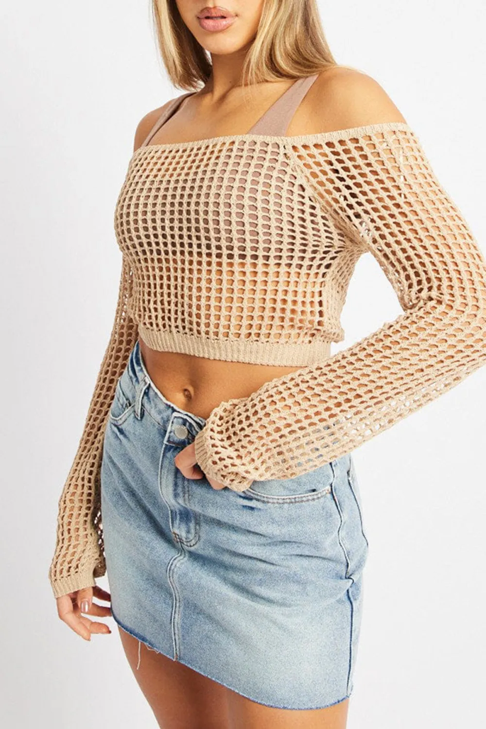 Beige Crochet Knit Top Long Sleeve Square Neck