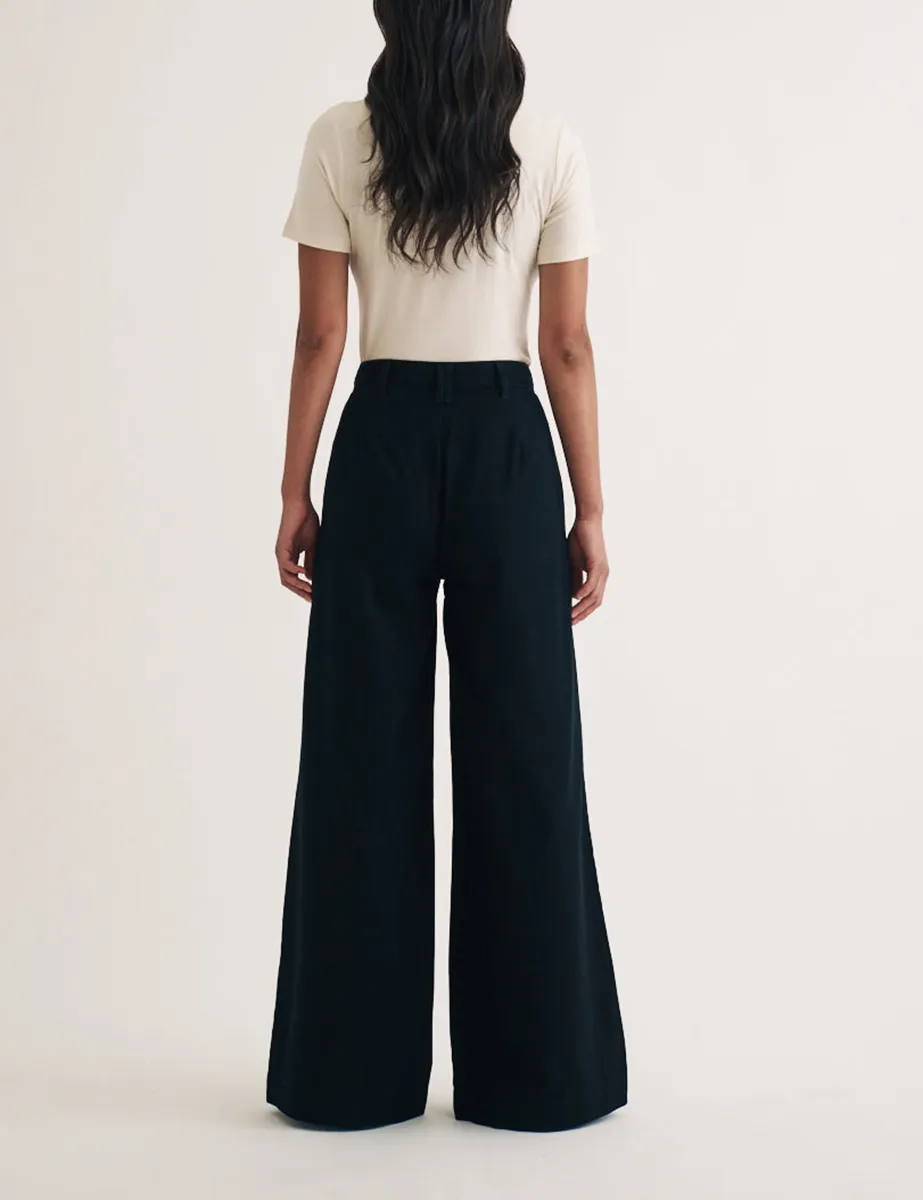 Black Twill Pleated Wide Leg Trousers