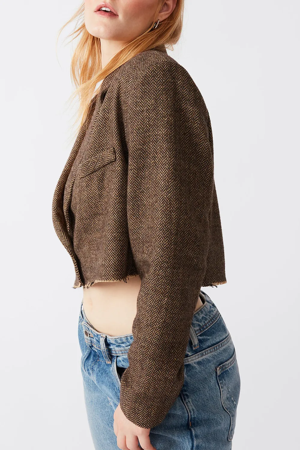 V Neck Cropped Blazer Brown