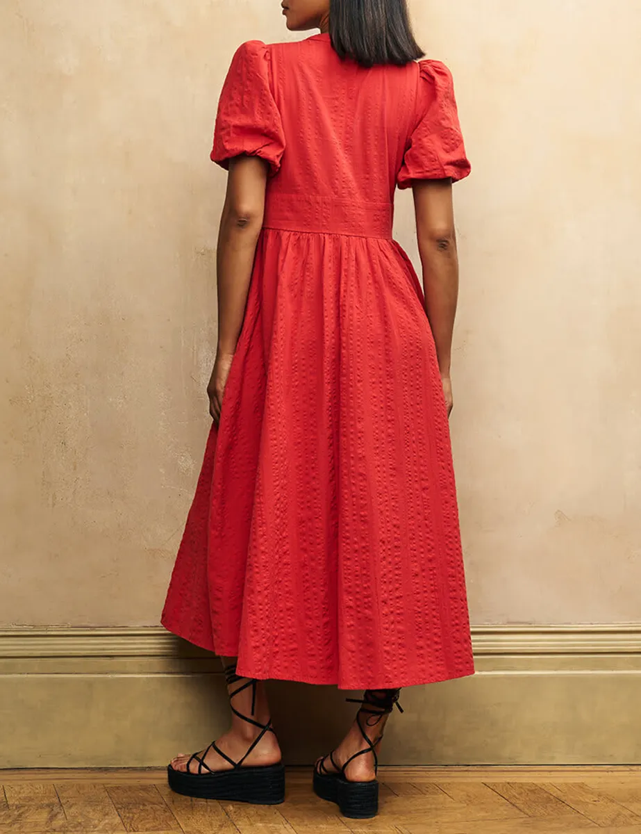 Red V-Neck Straight Cut Midi Dress