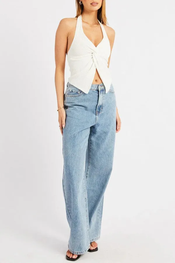 White Halter Neck Top Textured