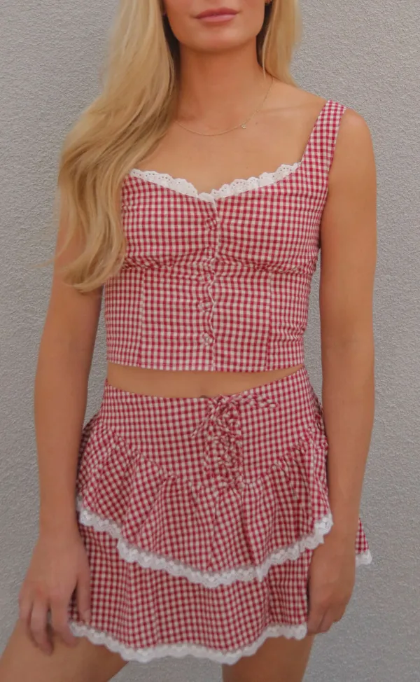Gingham Ruffled Crop Top and Skirt Set