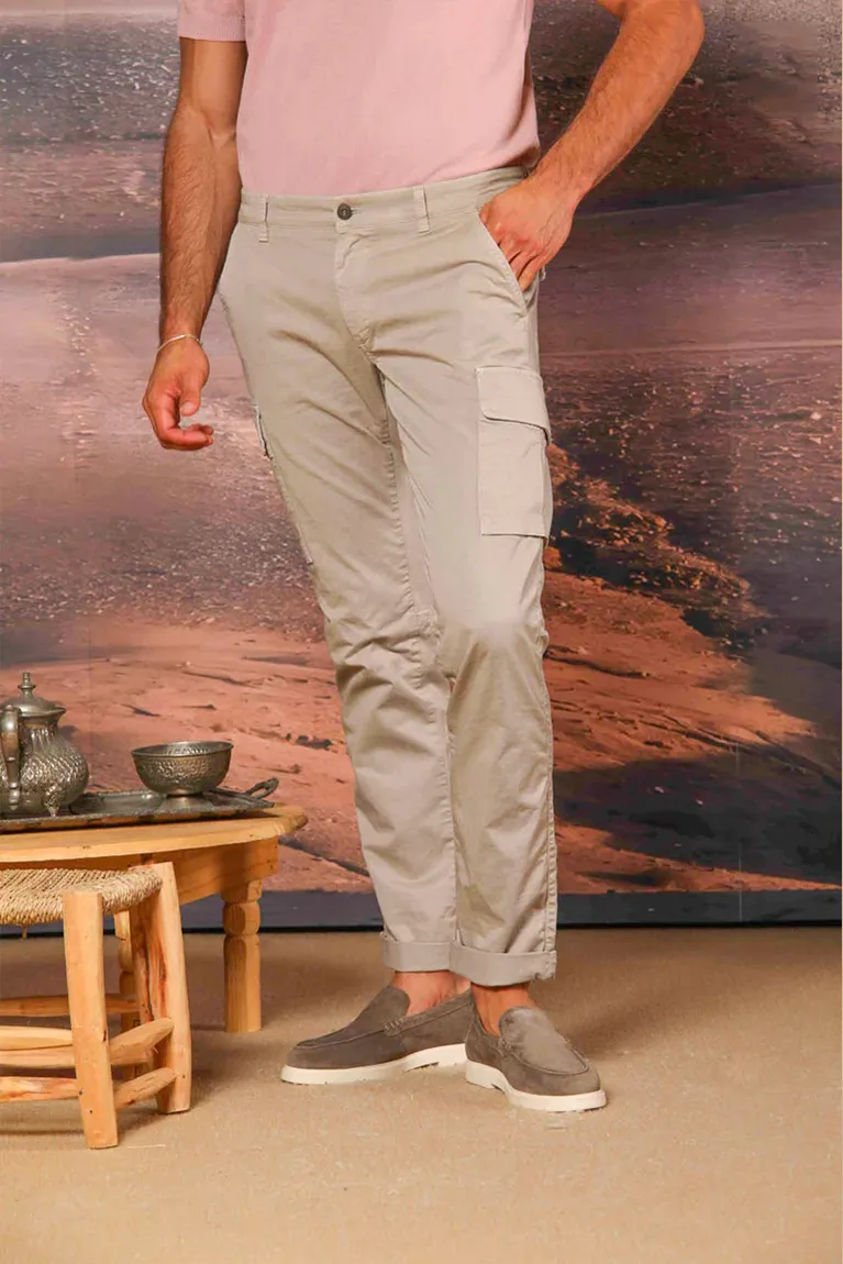 Men's Light Beige Stretch Cotton Slim Fit Large Pocket Overalls