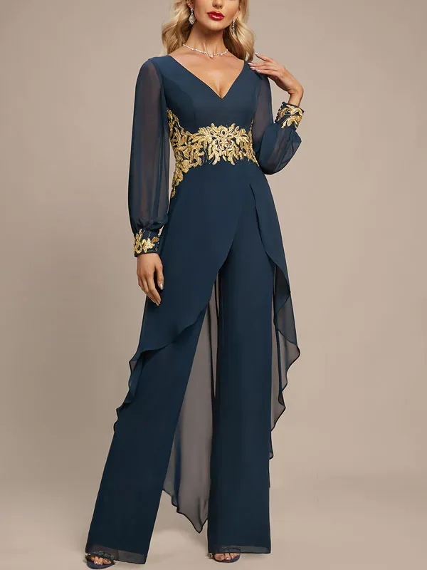 Jumpsuit/Pantsuit Separates V-Neck Floor-Length Chiffon Evening Dress With Appliques Lace