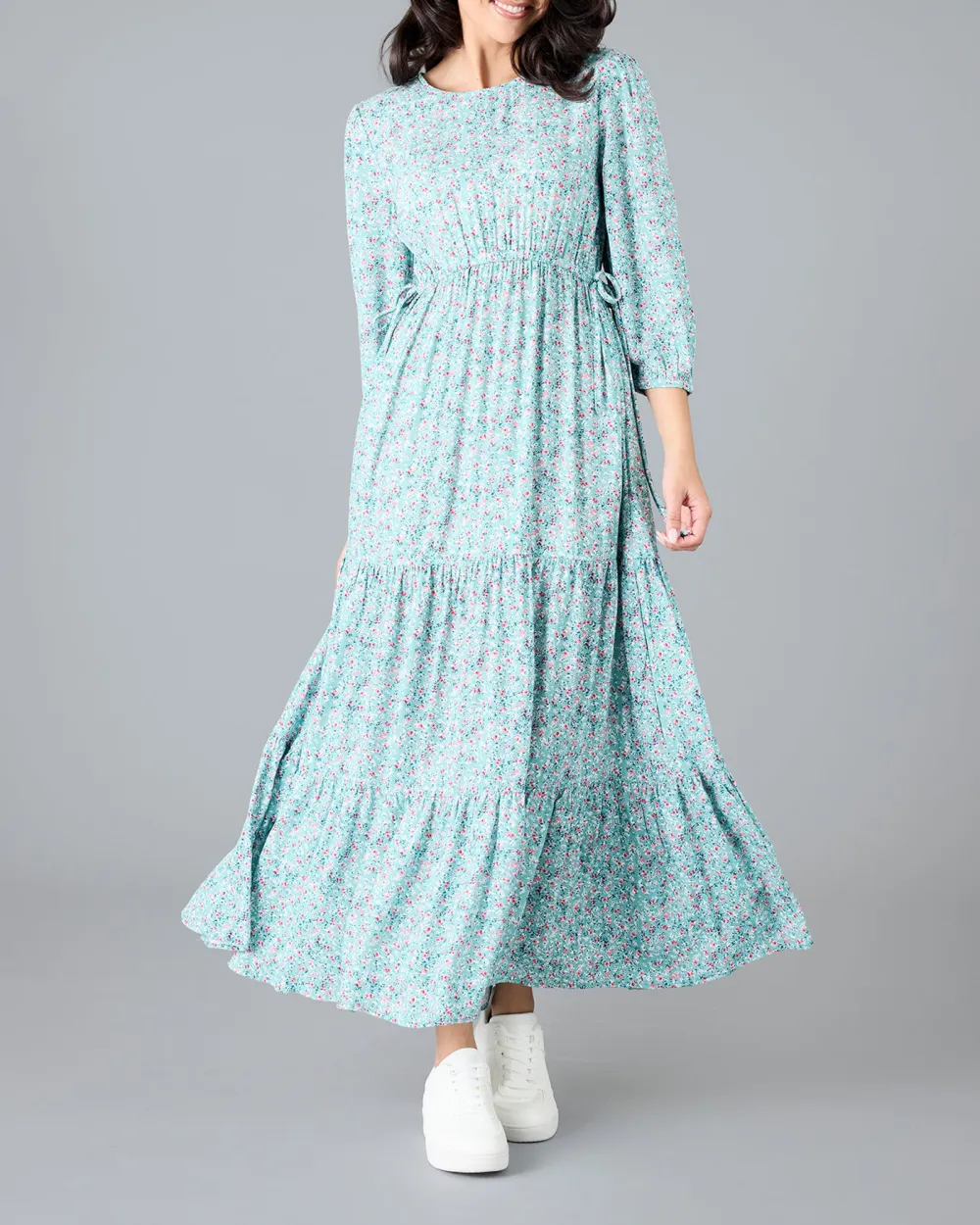 Blue Floral Print Tiered Maxi Dress