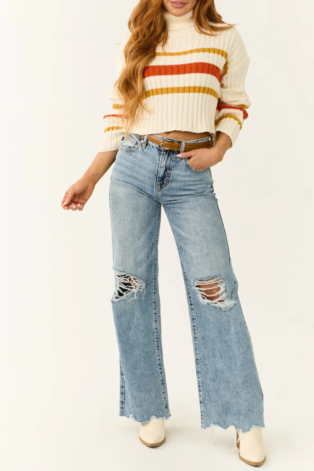 Cream Striped Turtleneck Cropped Sweater