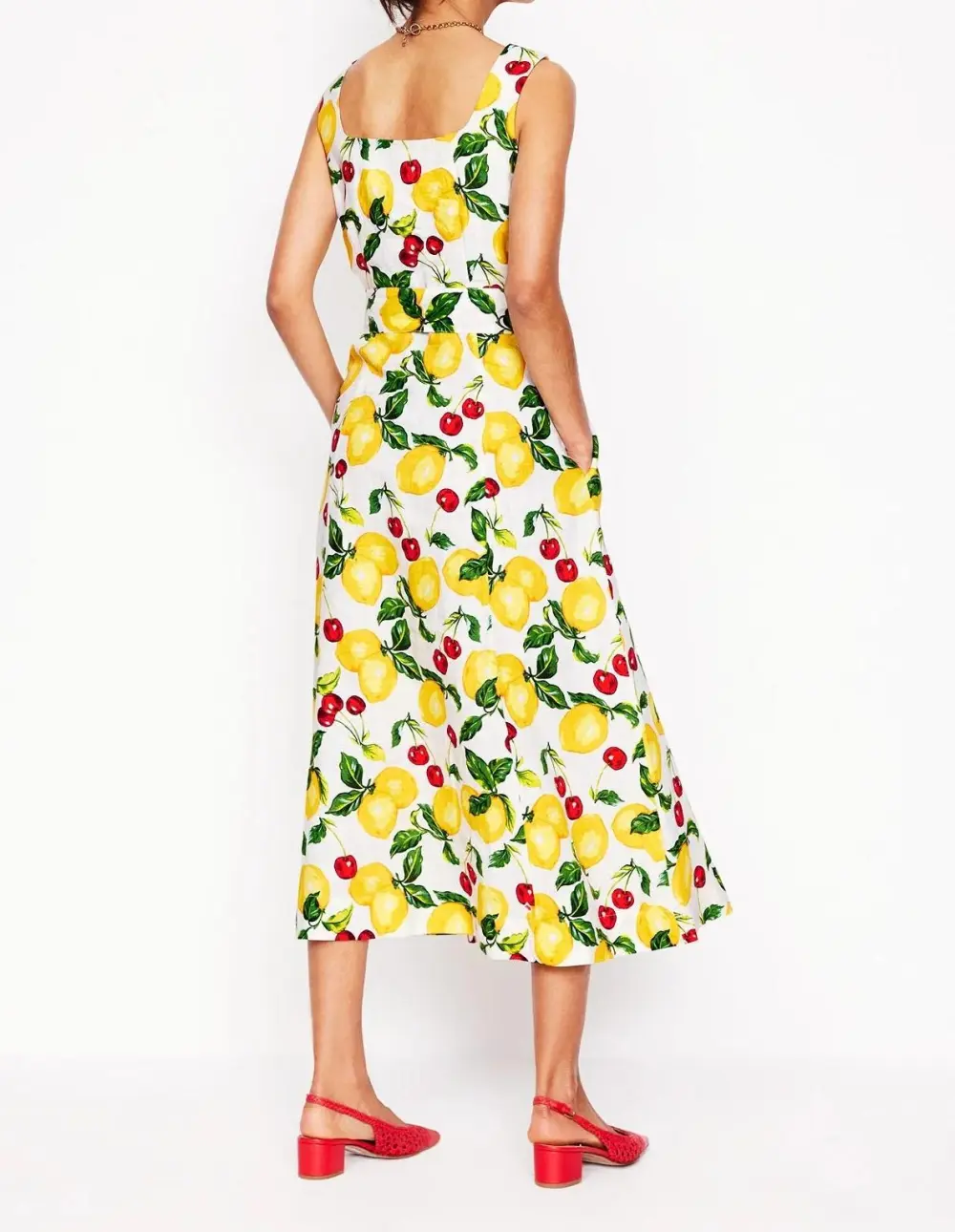 Lemon - Print Spaghetti - Strap Midi Dress