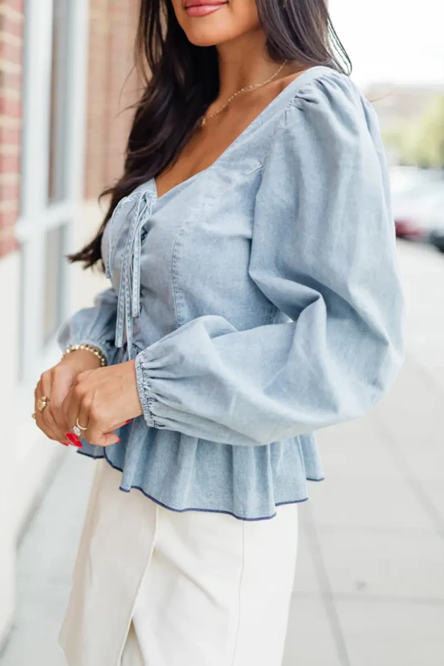 Medium Wash Corset Front Chambray Blouse