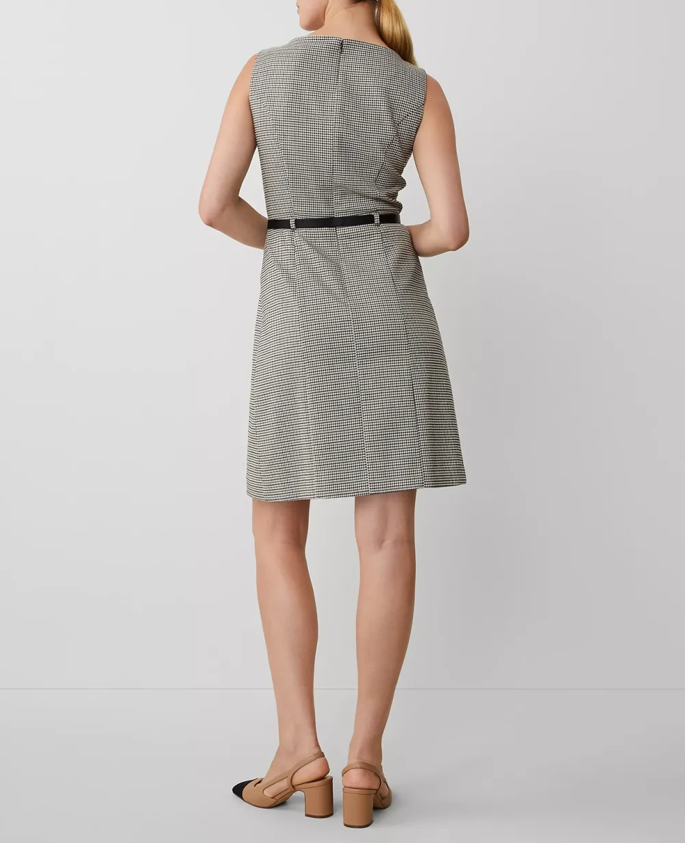 Houndstooth Pleat Front Belted Sheath Dress
