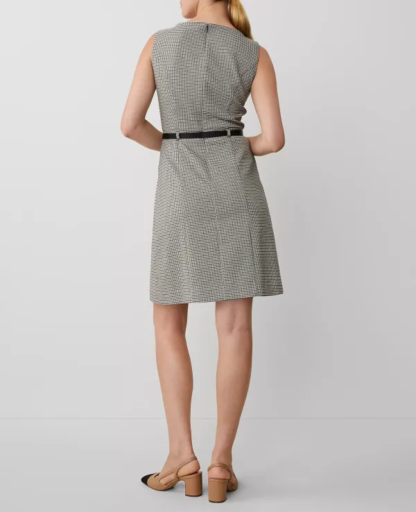 Houndstooth Pleat Front Belted Sheath Dress