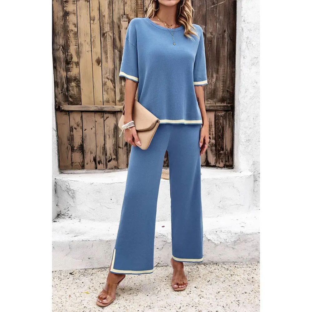 Knit Short-Sleeve Lounge Set with Wide-Leg Pants