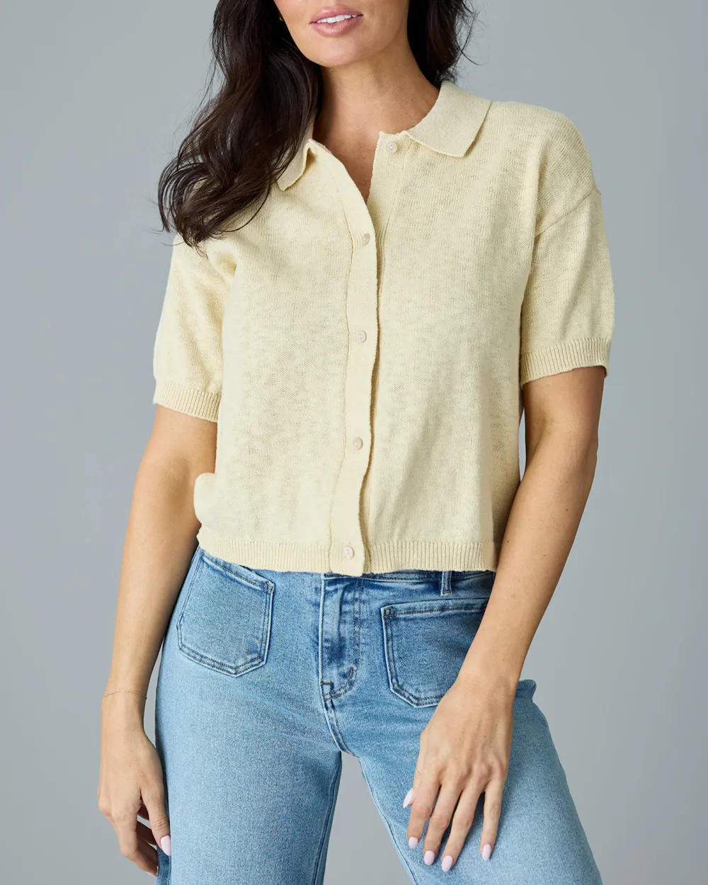 Short Sleeve Knit Button Up Top