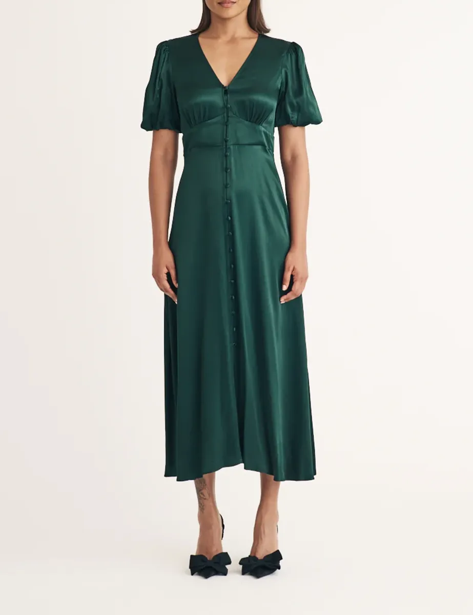 Green V-Neck Short Sleeve Midi Dress