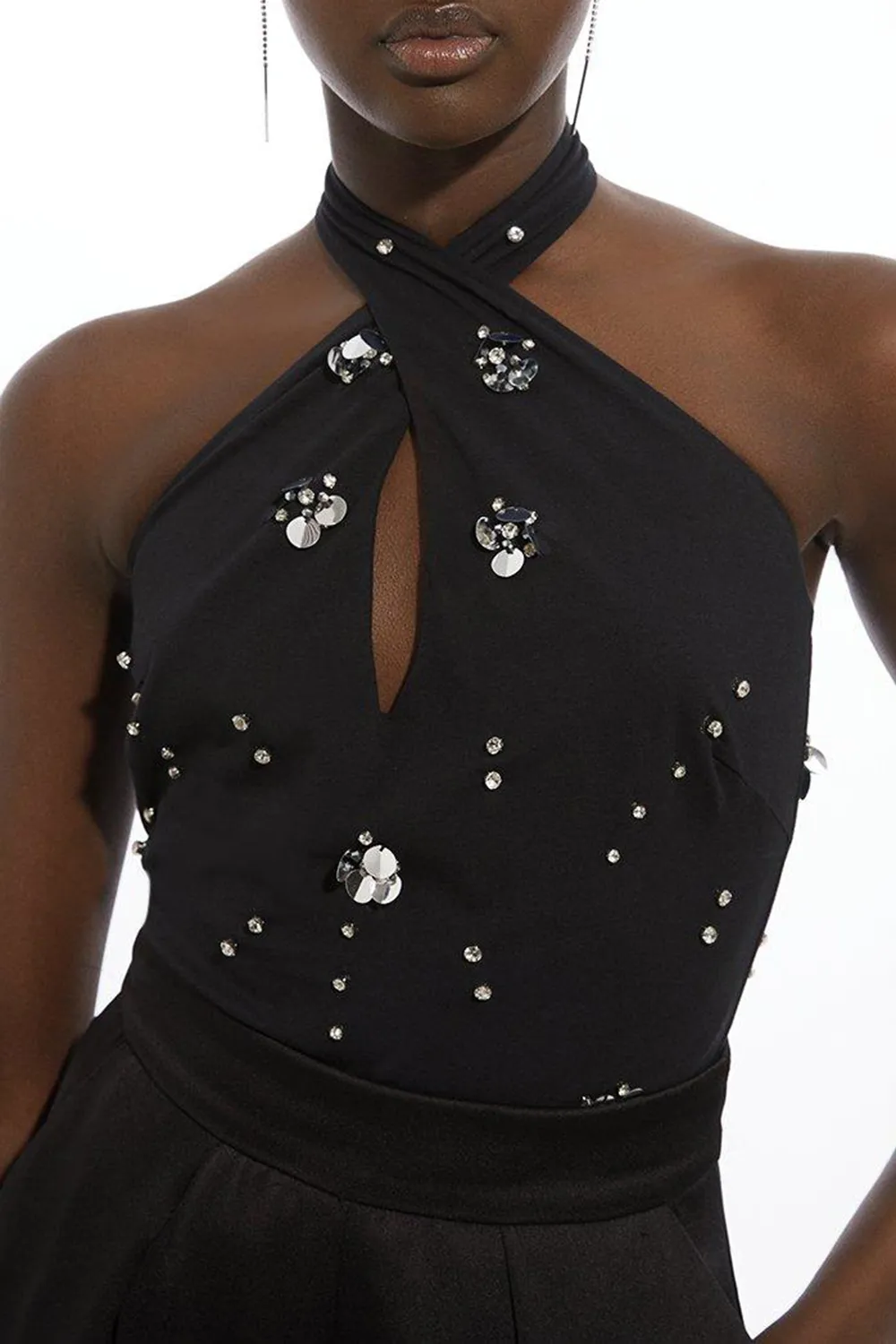 Embellished Stretch Cotton Halterneck Bodysuit