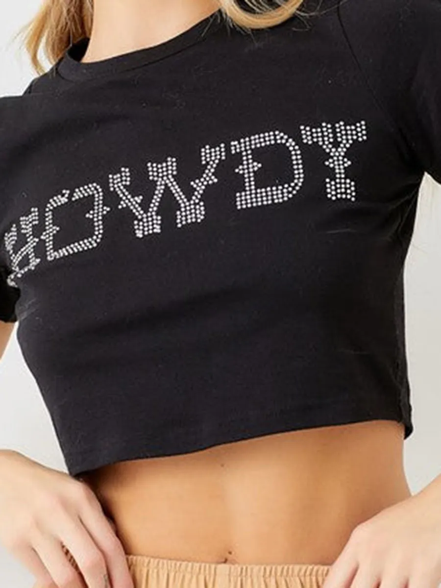 Rhinestone Crop Black Tee