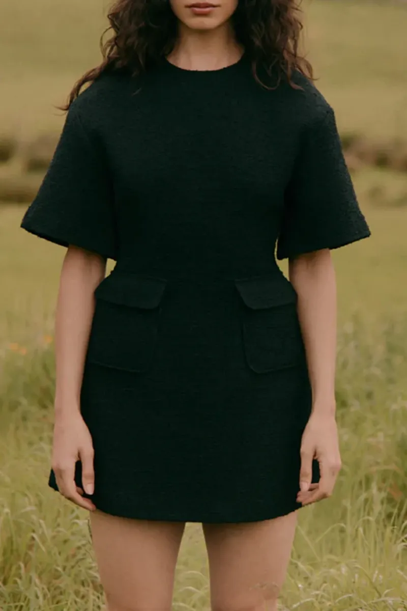 Black Pocket Detailed Short Sleeve Dresses