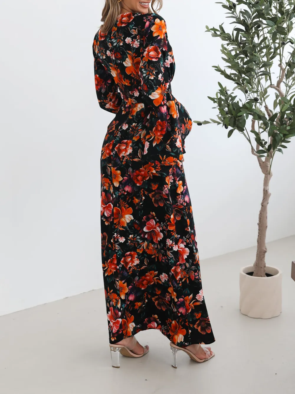 Black Straight Neckline Floral Dress