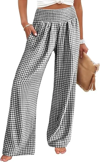 Women's High Waisted Plaid Wide Leg Pants - Lounge Pajama with Pockets