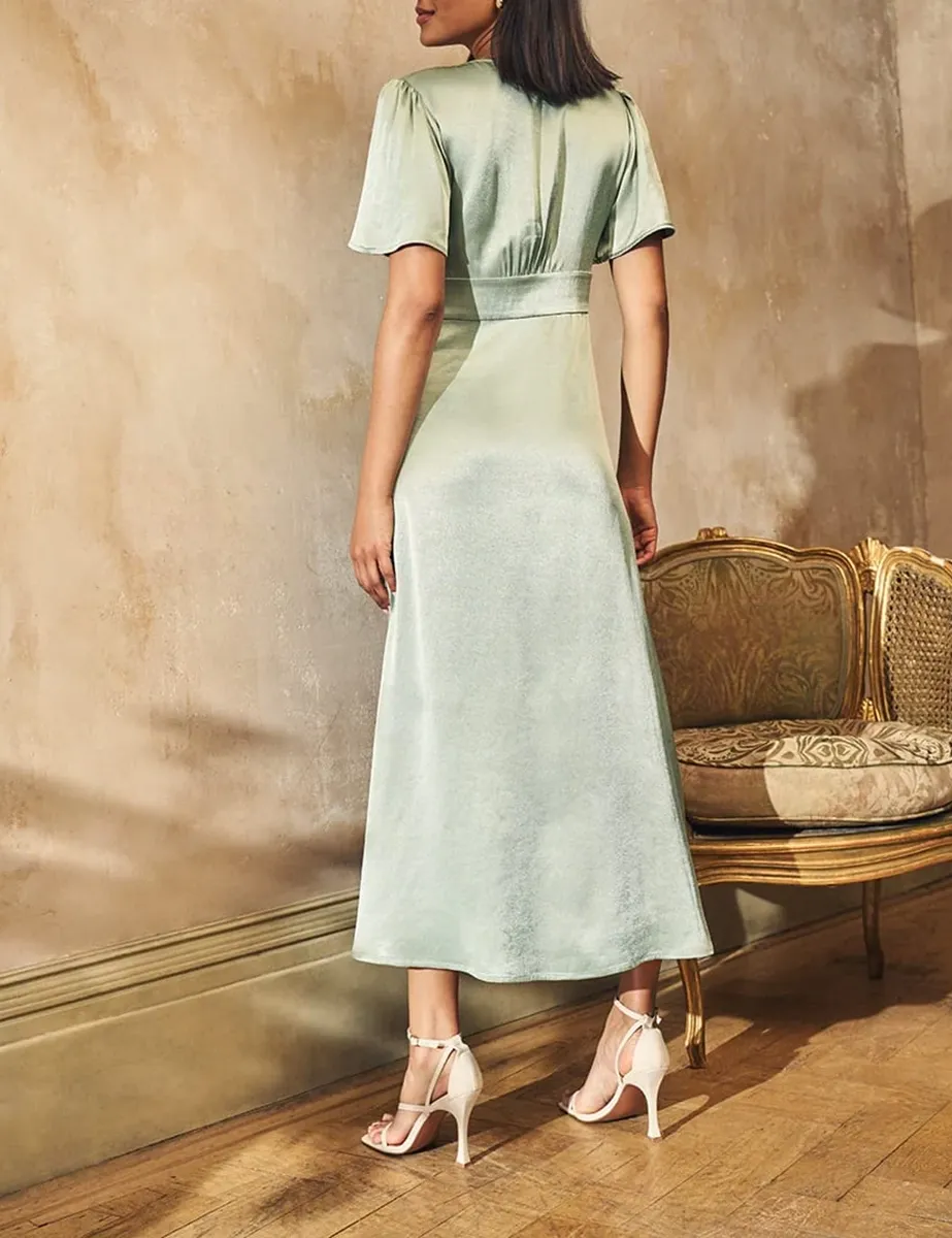 Sage Green Satin V-Neck Maxi Dress