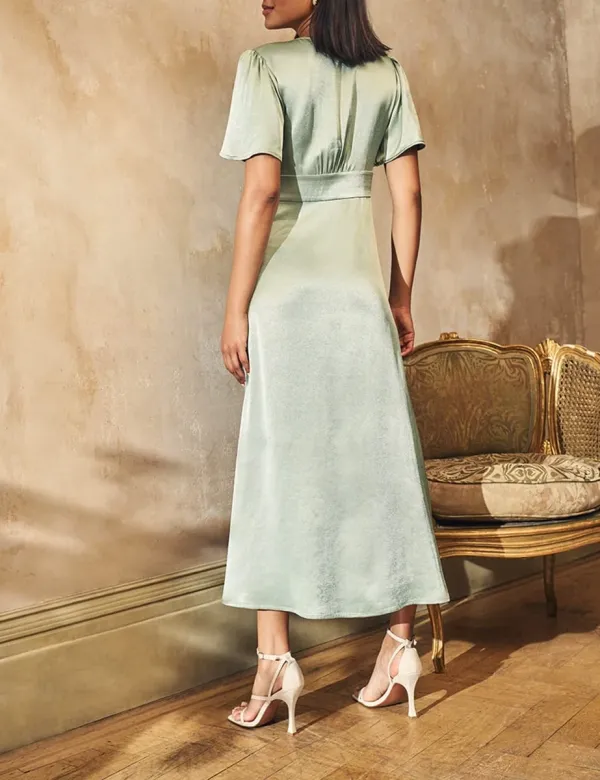 Sage Green Satin V-Neck Maxi Dress