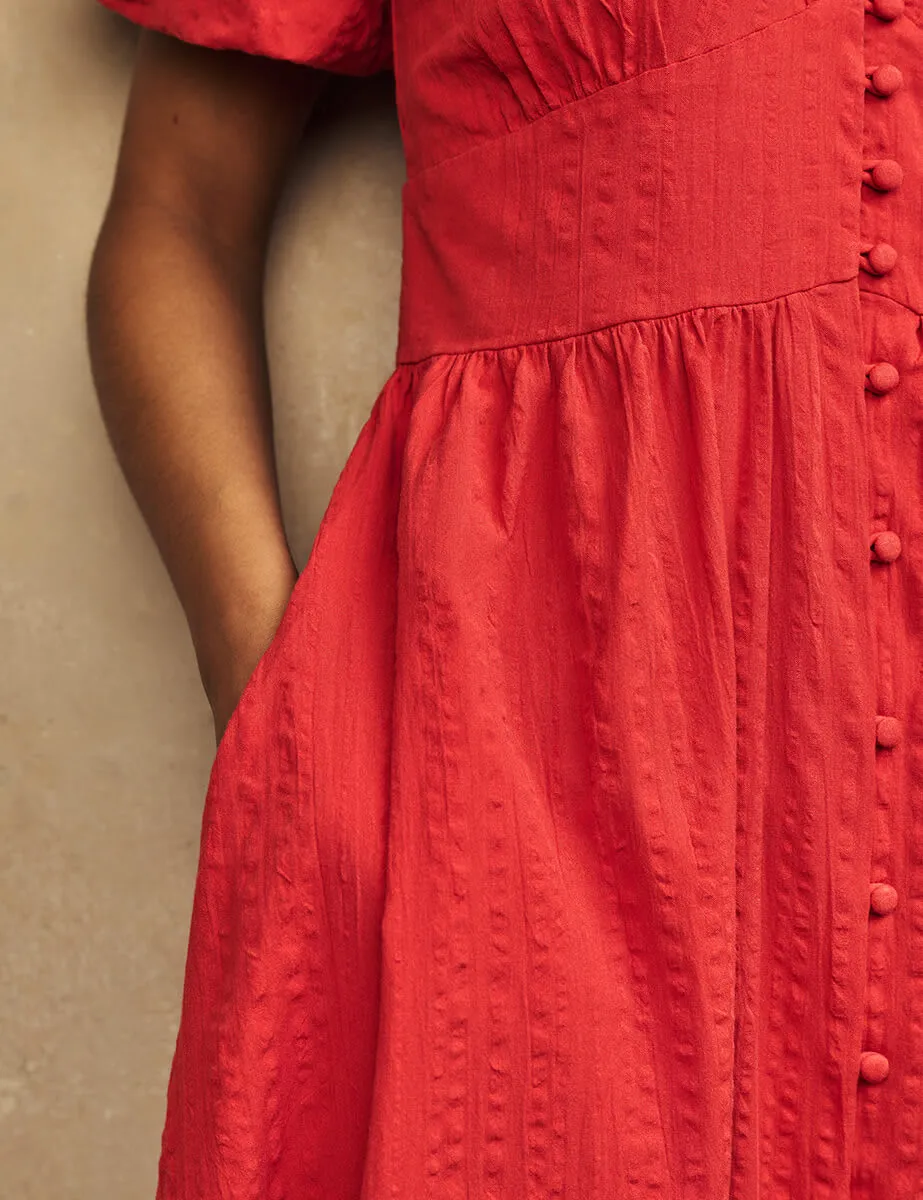Red V-Neck Straight Cut Midi Dress