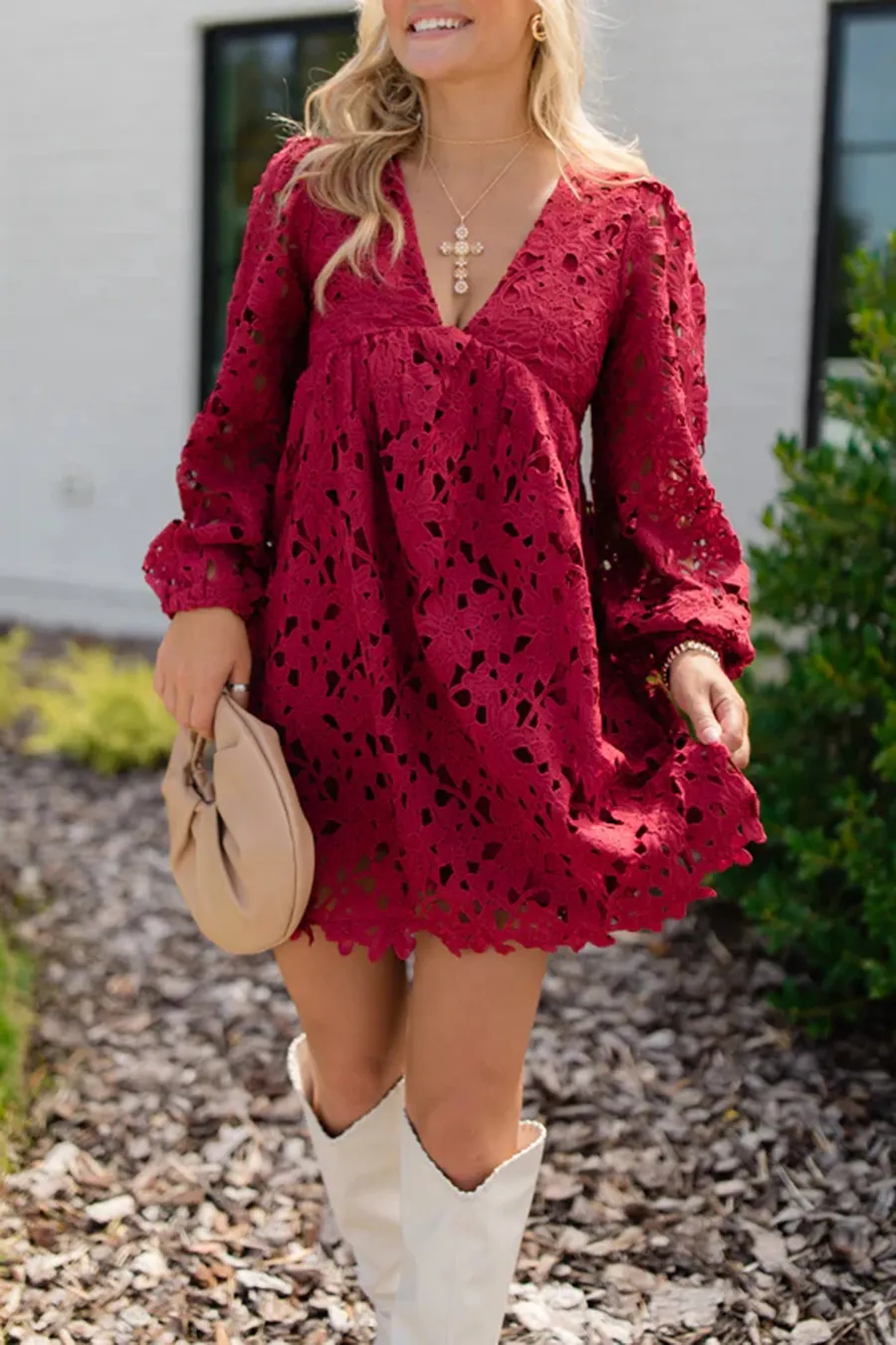 Burgundy Lace Babydoll Mini Dress